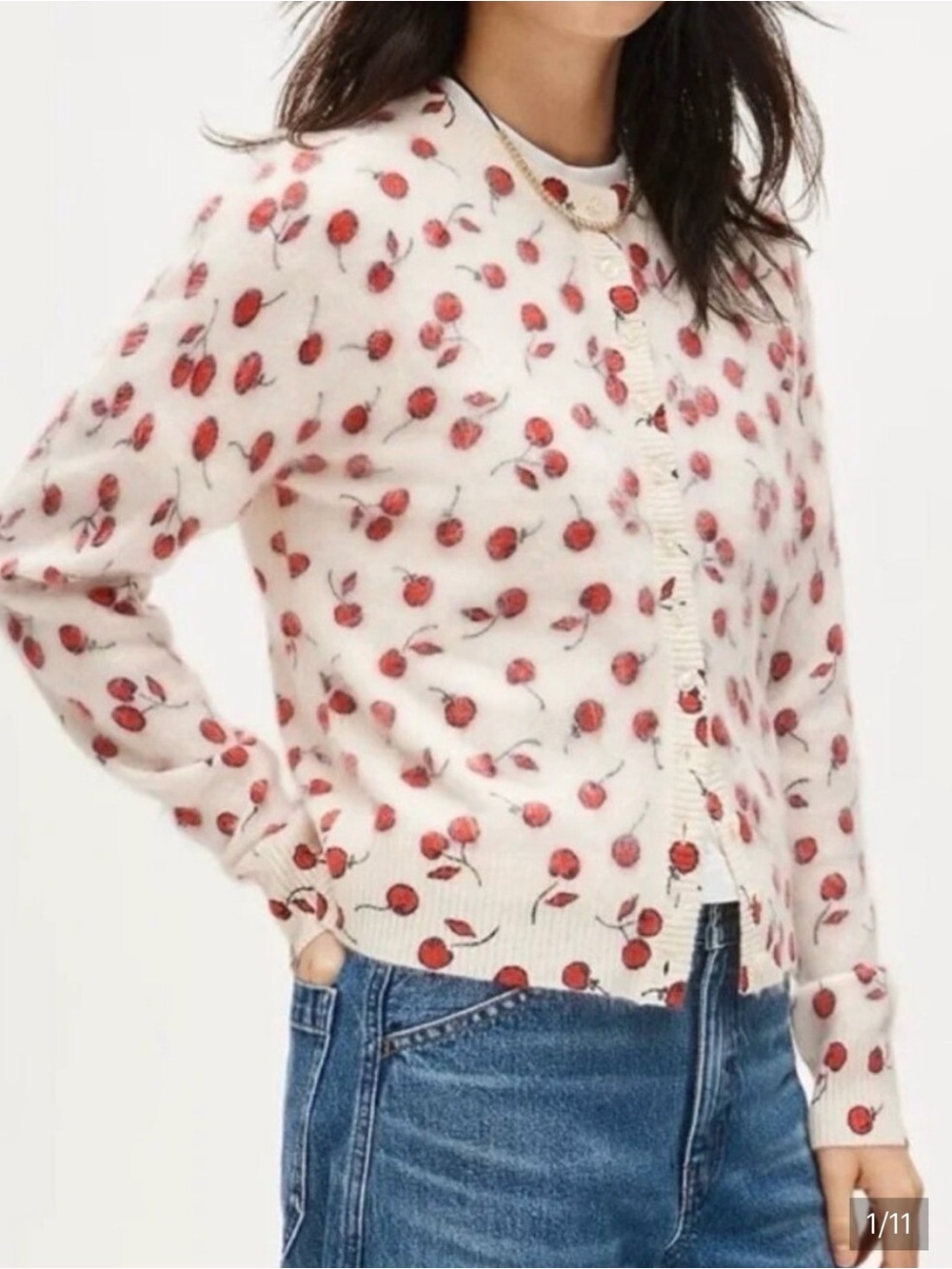 J CREW Perfect brushed cashmere cardigan in cherry print CR770 $248